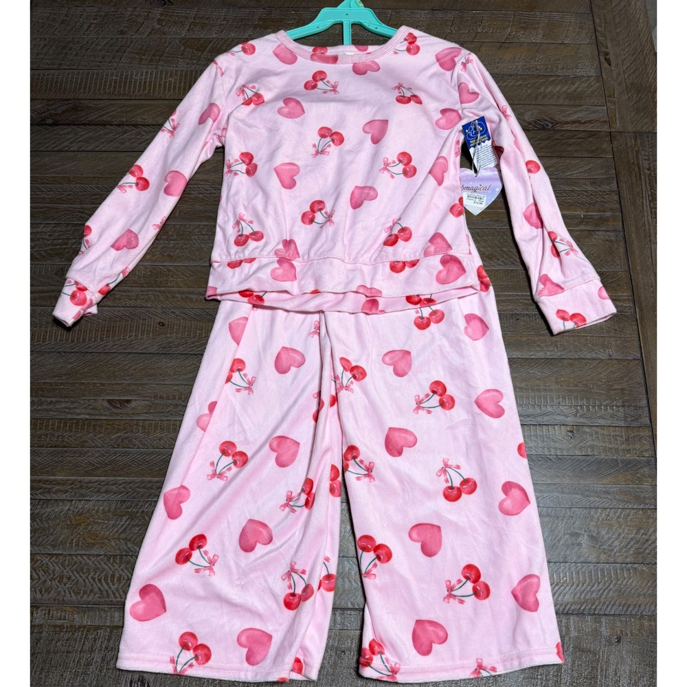 Bmagical Pajama Set Kids Size 8 Pink Heart Cherry NWT Plush Fleece Loungewear